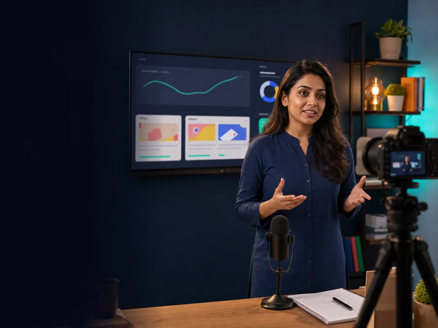 An educator recording a digital lesson in her branded teaching studio