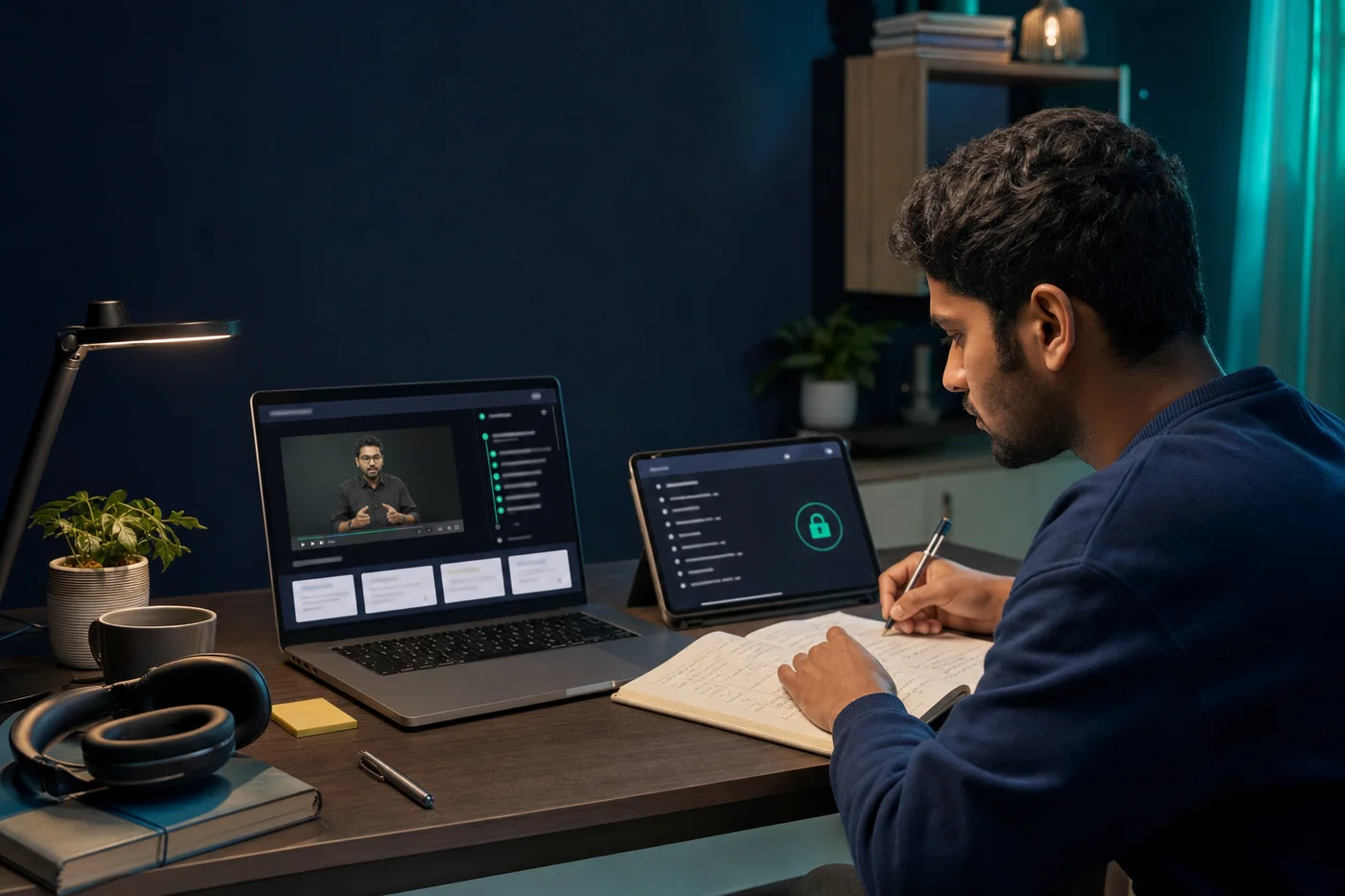 A student learning through RioPlay on a laptop and tablet